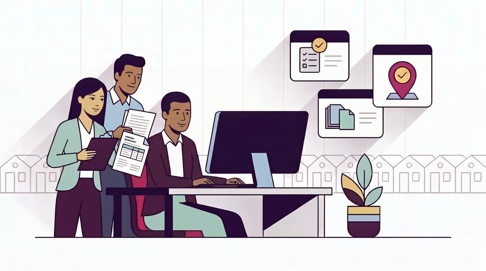 A CAM team at a desk reviewing how their firm shows up in AI search results, with map pins and checklists on screen