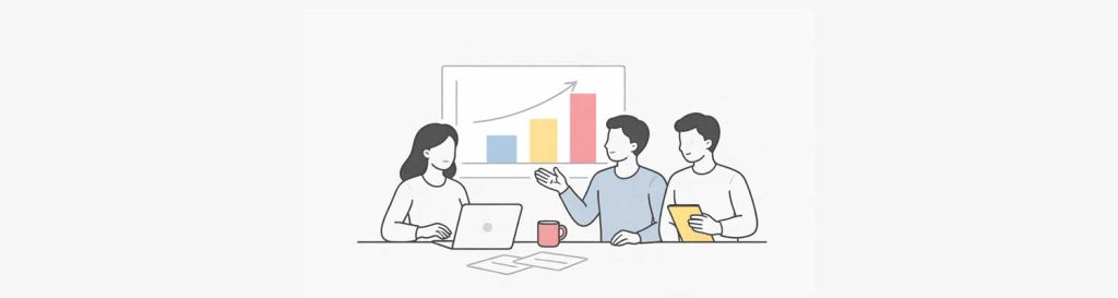 Small group gathered around a table with a simple bar chart or line chart.