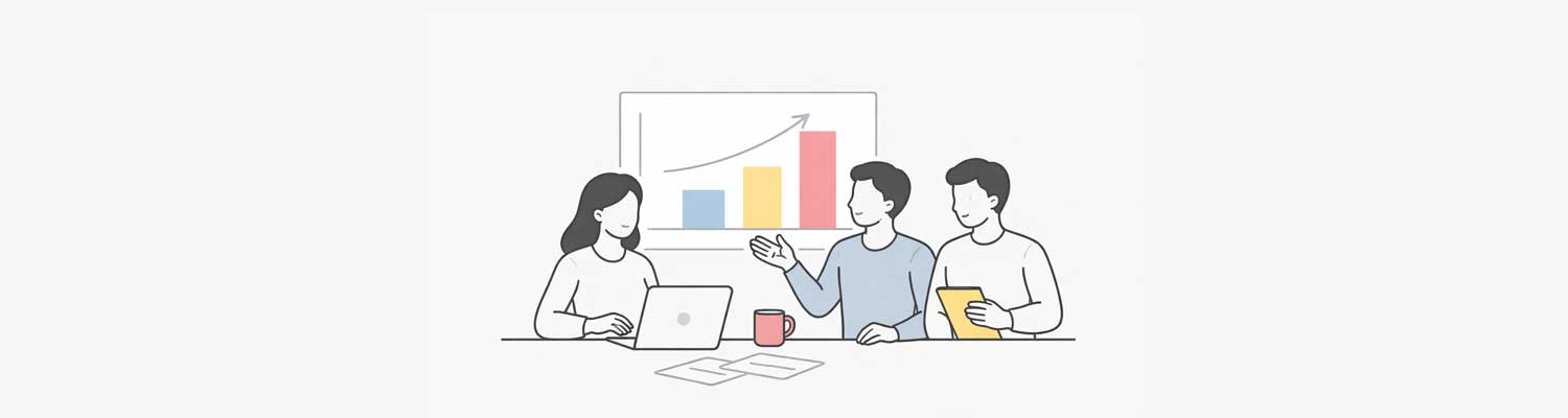 Small group gathered around a table with a simple bar chart or line chart.